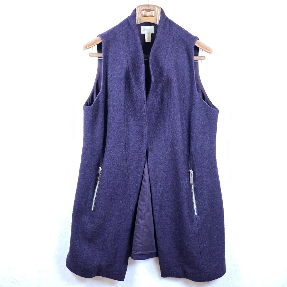 Chico’s 100% Boiled Wool Sleeveless Long Vest Zipper Pockets Lined Sz.1 M/8